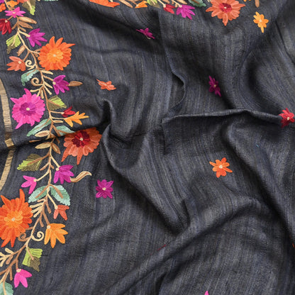 Indian Vintage Gray Dupatta Pure Khadi silk Long Stole Hand Embroidered ari Scarves Floral Design Stole Veil Wrap