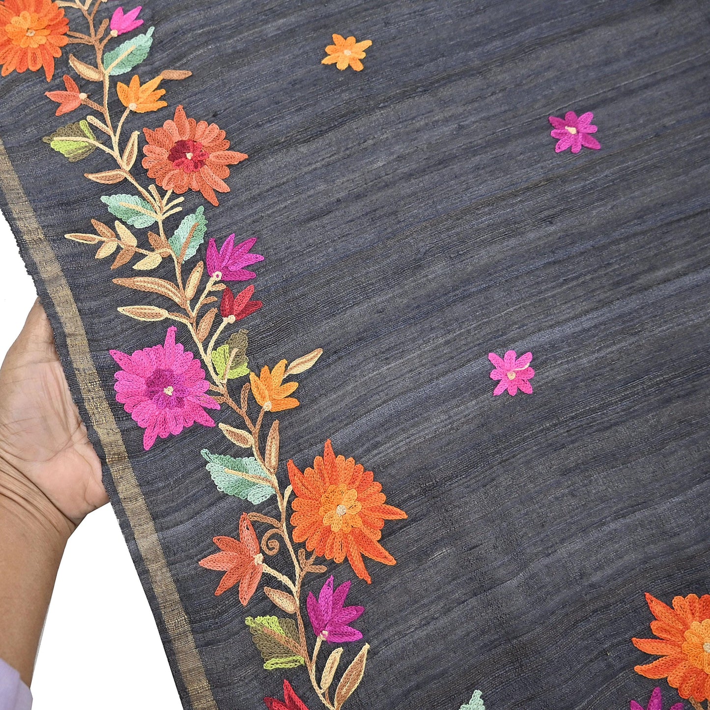 Indian Vintage Gray Dupatta Pure Khadi silk Long Stole Hand Embroidered ari Scarves Floral Design Stole Veil Wrap