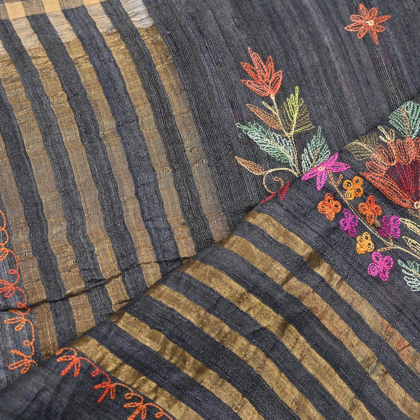 Indian Vintage Gray Dupatta Pure Khadi silk Long Stole Hand Embroidered ari Scarves Floral Design Stole Veil Wrap