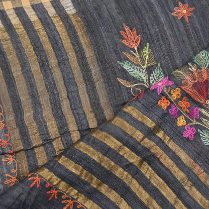 Indian Vintage Gray Dupatta Pure Khadi silk Long Stole Hand Embroidered ari Scarves Floral Design Stole Veil Wrap