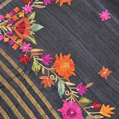Indian Vintage Gray Dupatta Pure Khadi silk Long Stole Hand Embroidered ari Scarves Floral Design Stole Veil Wrap