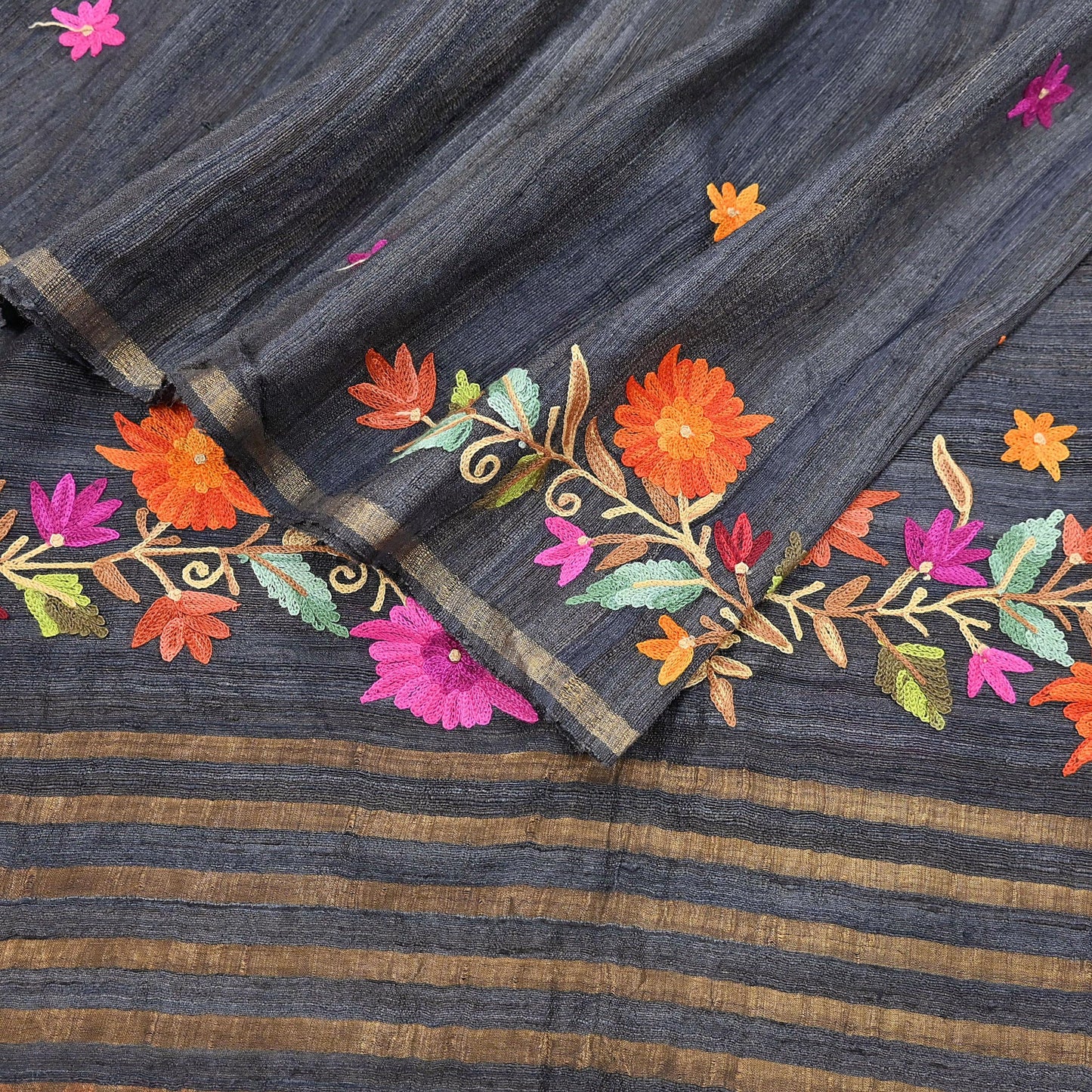 Indian Vintage Gray Dupatta Pure Khadi silk Long Stole Hand Embroidered ari Scarves Floral Design Stole Veil Wrap