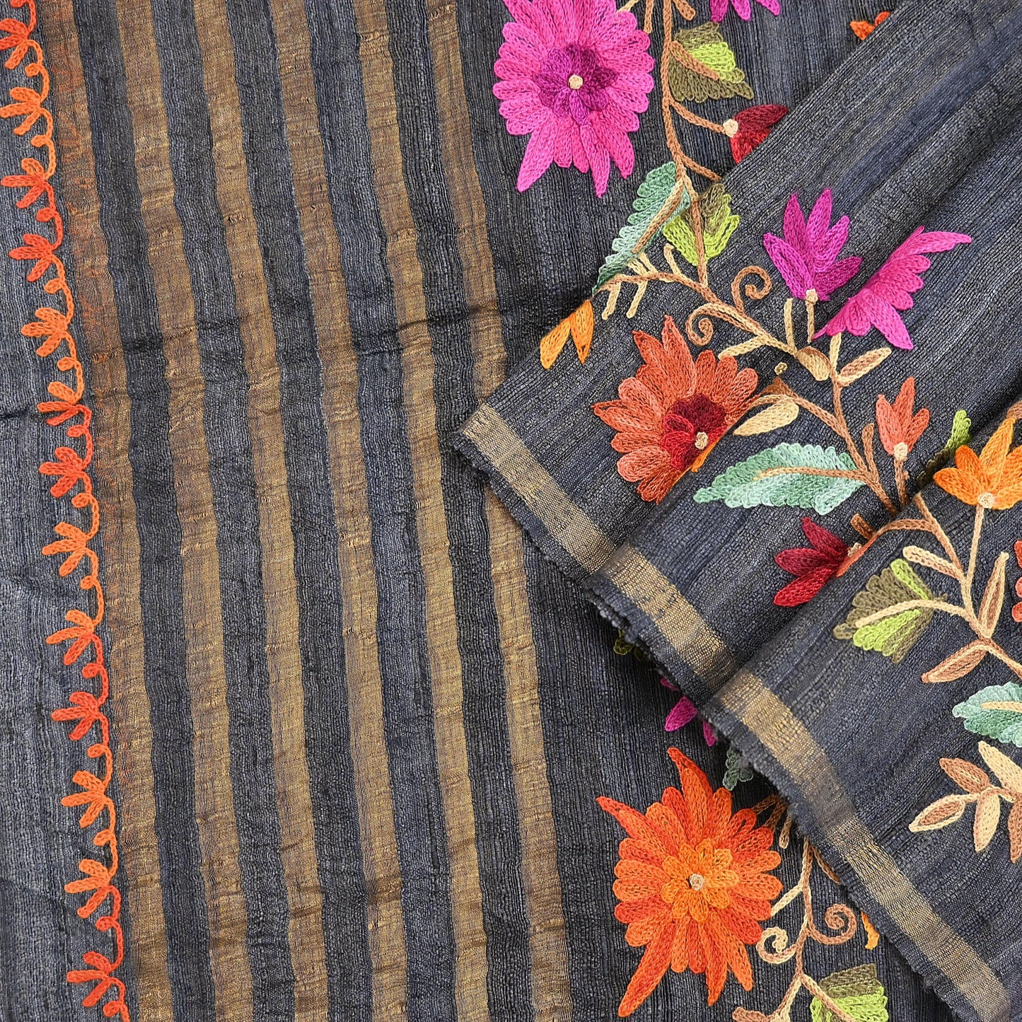 Indian Vintage Gray Dupatta Pure Khadi silk Long Stole Hand Embroidered ari Scarves Floral Design Stole Veil Wrap