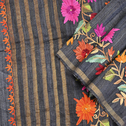 Indian Vintage Gray Dupatta Pure Khadi silk Long Stole Hand Embroidered ari Scarves Floral Design Stole Veil Wrap