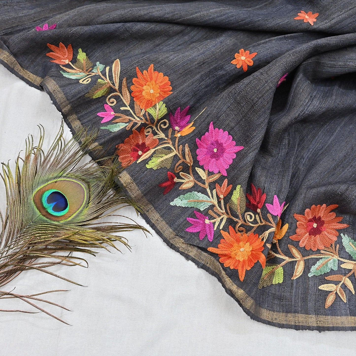 Indian Vintage Gray Dupatta Pure Khadi silk Long Stole Hand Embroidered ari Scarves Floral Design Stole Veil Wrap
