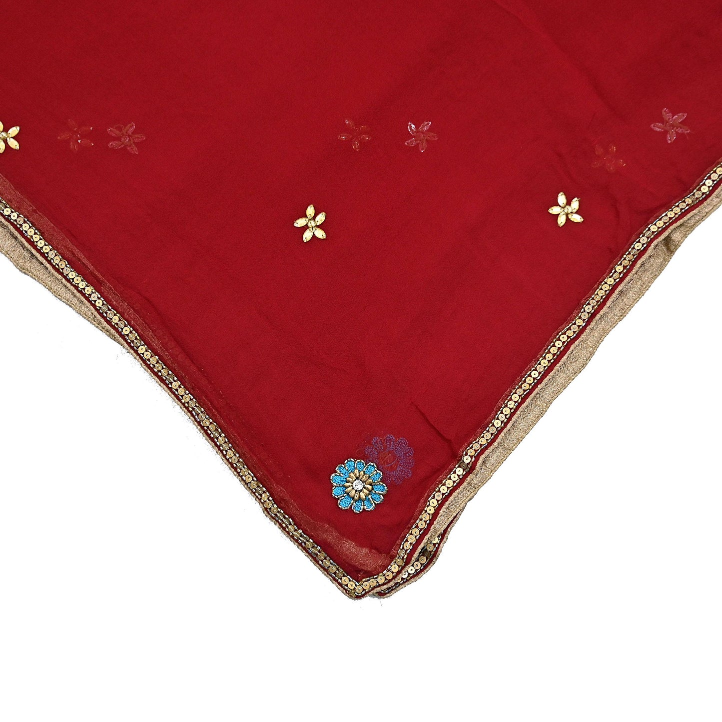 Indian Vintage Red Dupatta Pure Georgette silk Long Stole Hand Embroidered Scarves Stole Veil Wrap Sequins