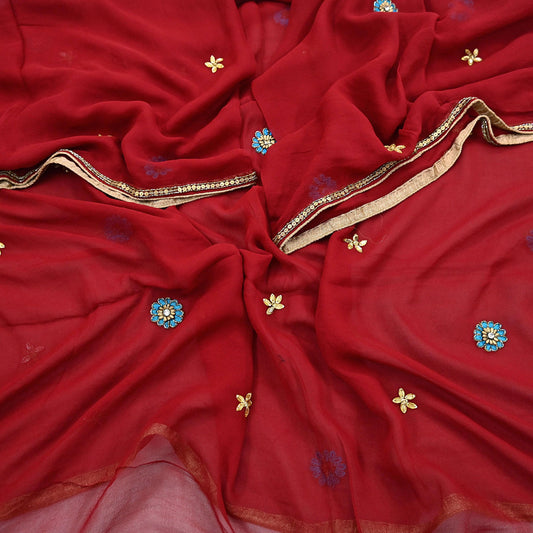 Indian Vintage Red Dupatta Pure Georgette silk Long Stole Hand Embroidered Scarves Stole Veil Wrap Sequins