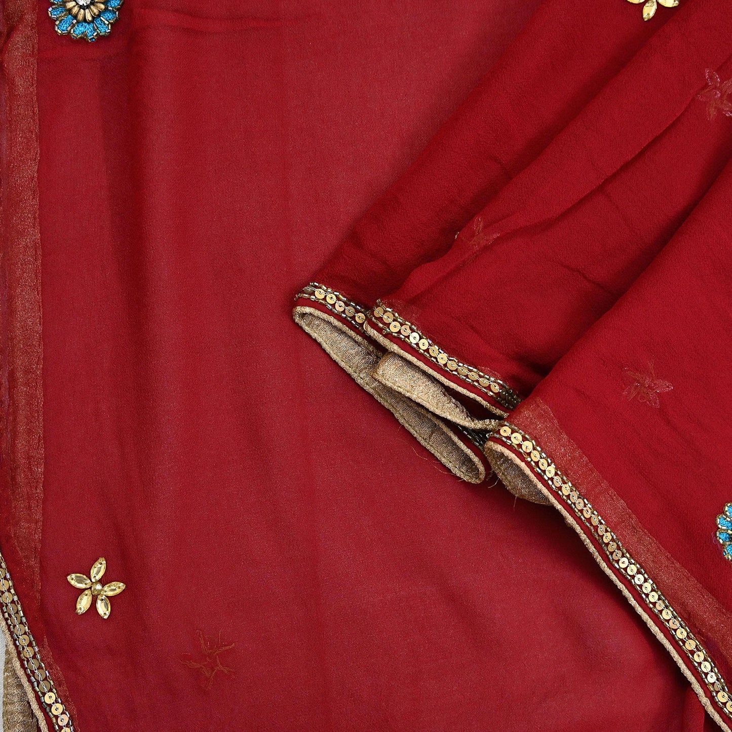 Indian Vintage Red Dupatta Pure Georgette silk Long Stole Hand Embroidered Scarves Stole Veil Wrap Sequins