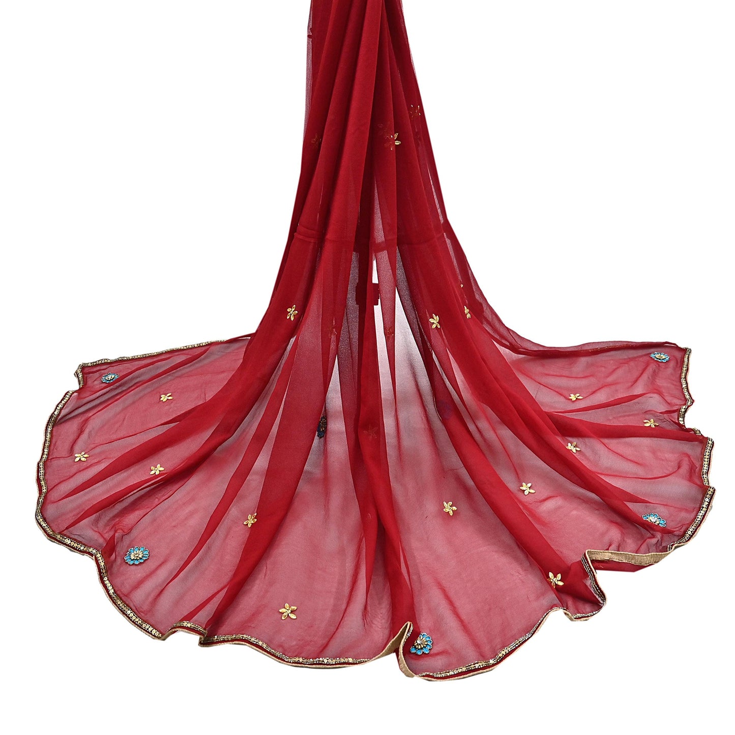 Indian Vintage Red Dupatta Pure Georgette silk Long Stole Hand Embroidered Scarves Stole Veil Wrap Sequins