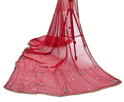 Indian Vintage Red Dupatta Pure Georgette silk Long Stole Hand Embroidered Scarves Stole Veil Wrap Sequins