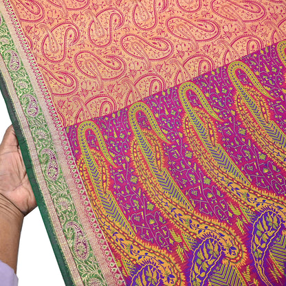 Indian Vintage Sari Pink & Green Heavy Pure Silk Woven Banarasi Brocade Saree Fabric 5Yd Ethnic Dress making Crafting Dress Designing