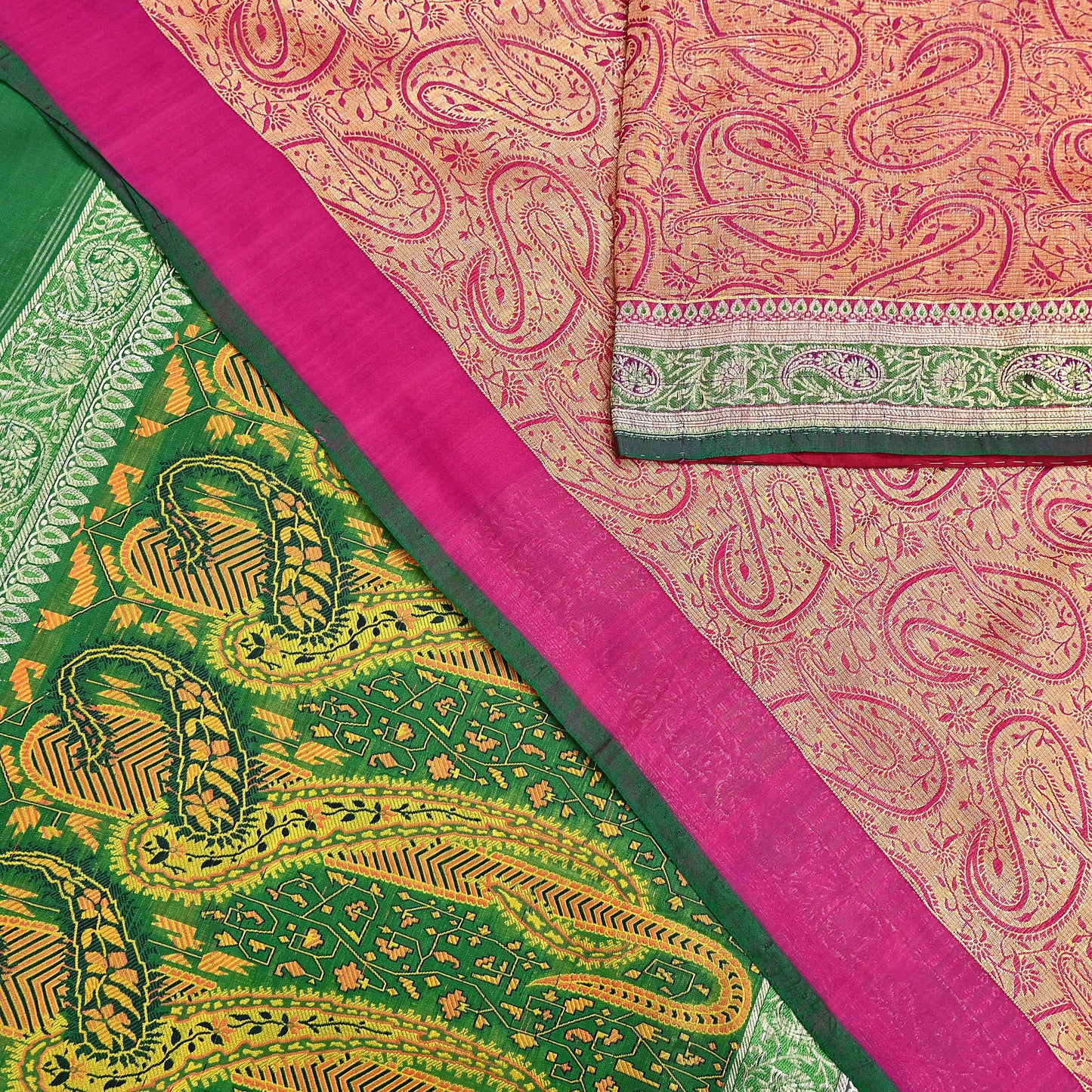 Indian Vintage Sari Pink & Green Heavy Pure Silk Woven Banarasi Brocade Saree Fabric 5Yd Ethnic Dress making Crafting Dress Designing