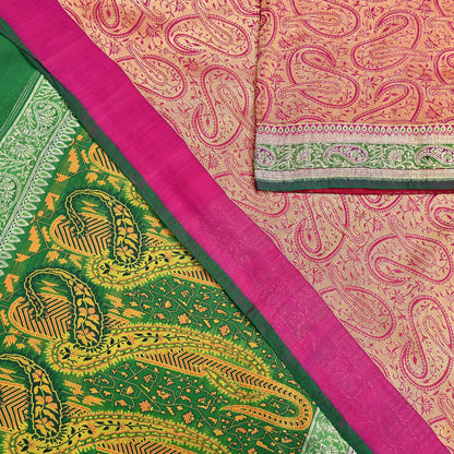 Indian Vintage Sari Pink & Green Heavy Pure Silk Woven Banarasi Brocade Saree Fabric 5Yd Ethnic Dress making Crafting Dress Designing