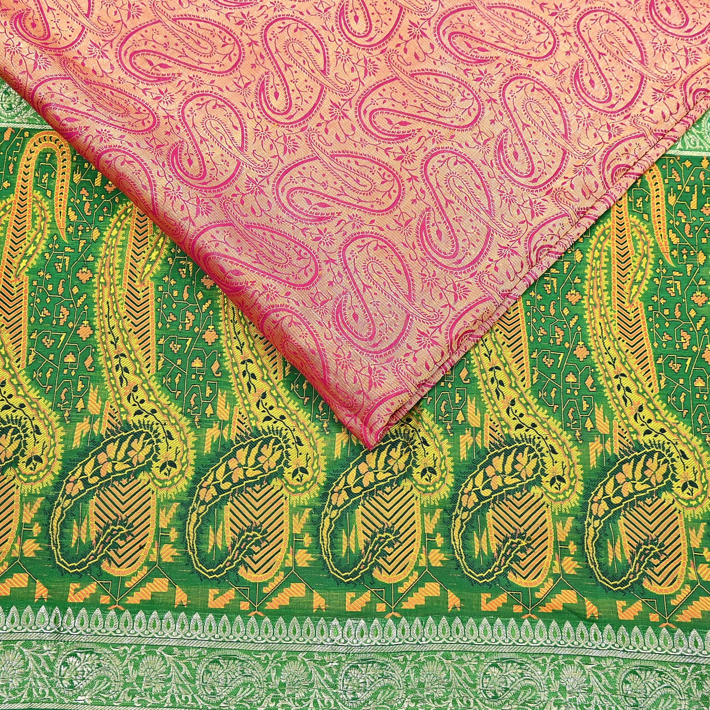 Indian Vintage Sari Pink & Green Heavy Pure Silk Woven Banarasi Brocade Saree Fabric 5Yd Ethnic Dress making Crafting Dress Designing