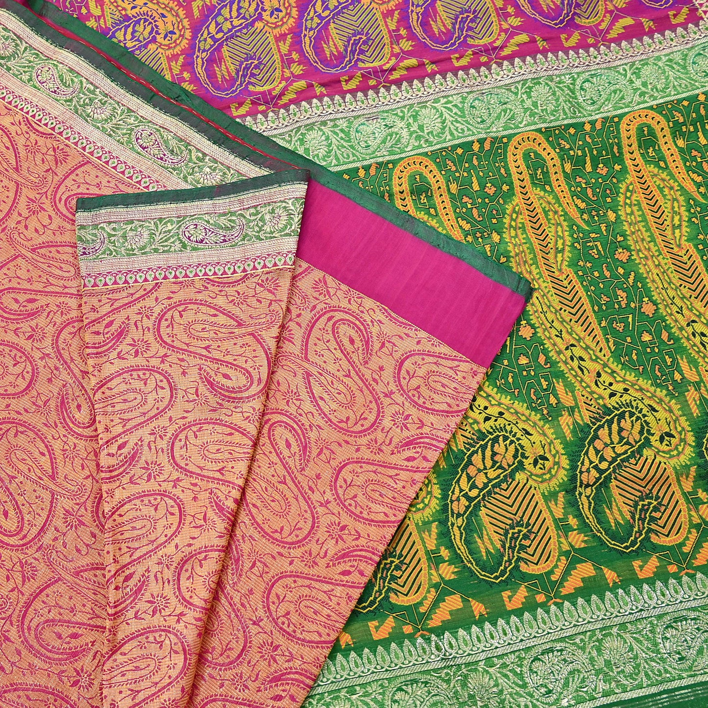 Indian Vintage Sari Pink & Green Heavy Pure Silk Woven Banarasi Brocade Saree Fabric 5Yd Ethnic Dress making Crafting Dress Designing