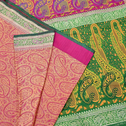 Indian Vintage Sari Pink & Green Heavy Pure Silk Woven Banarasi Brocade Saree Fabric 5Yd Ethnic Dress making Crafting Dress Designing