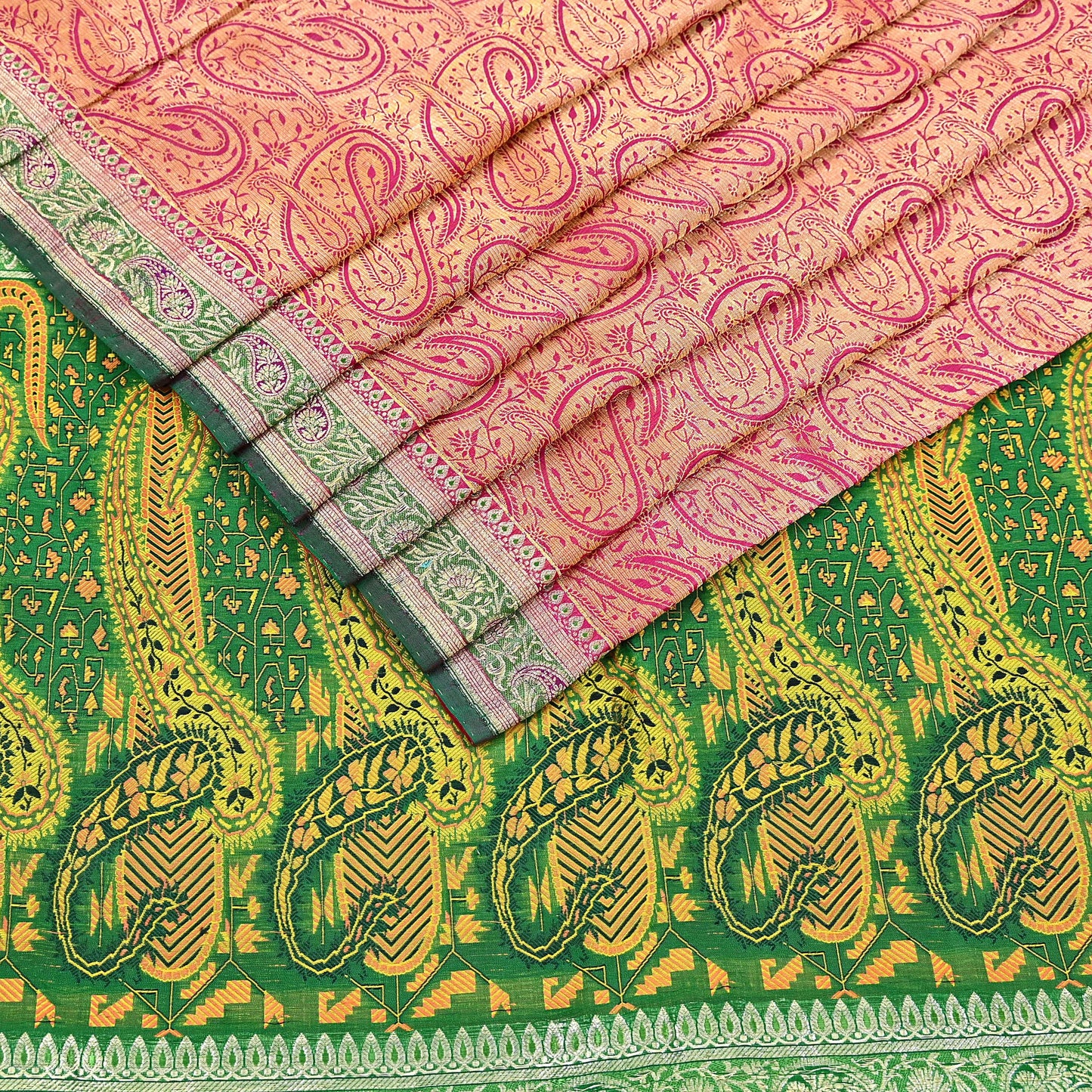 Indian Vintage Sari Pink & Green Heavy Pure Silk Woven Banarasi Brocade Saree Fabric 5Yd Ethnic Dress making Crafting Dress Designing