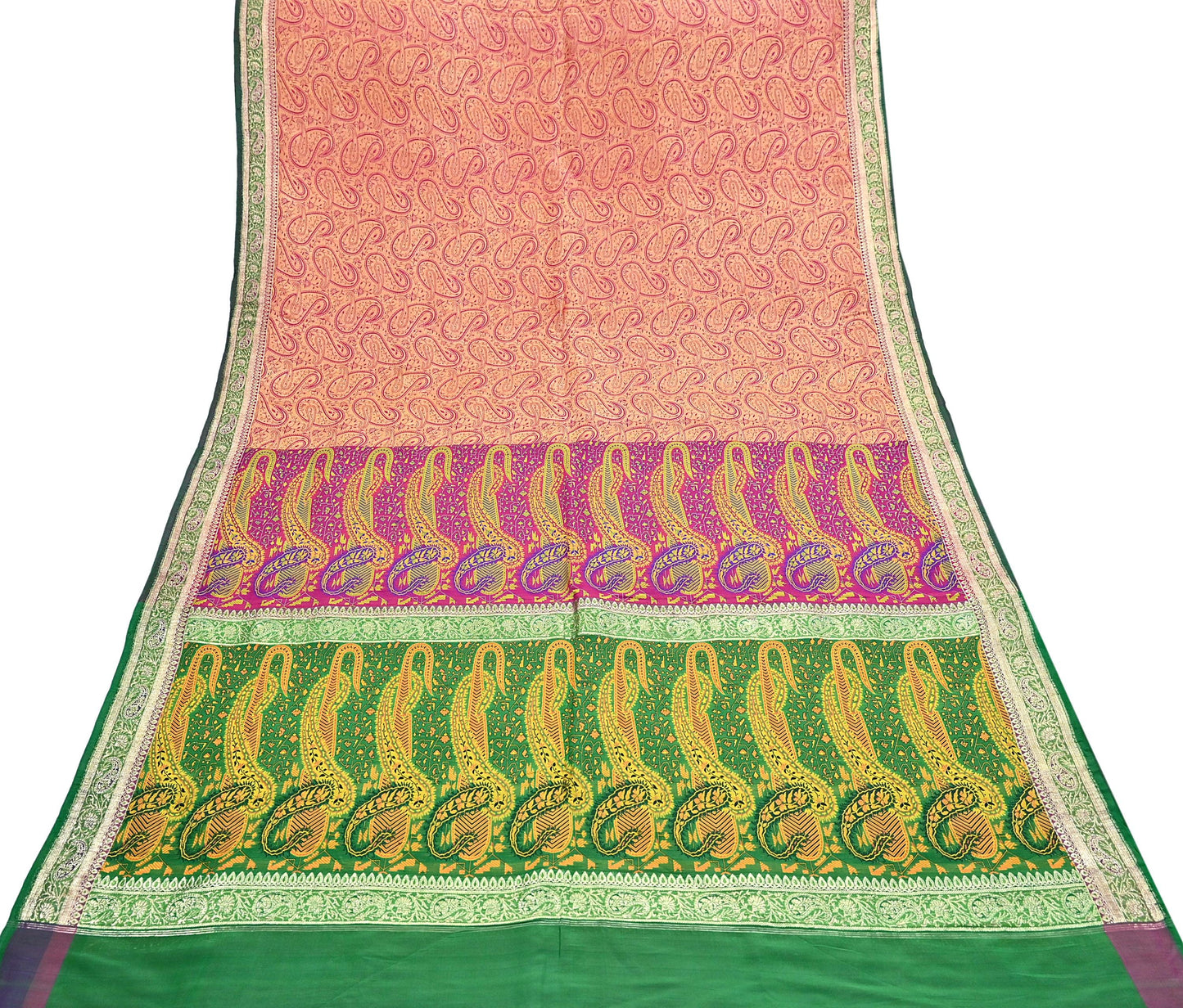 Indian Vintage Sari Pink & Green Heavy Pure Silk Woven Banarasi Brocade Saree Fabric 5Yd Ethnic Dress making Crafting Dress Designing