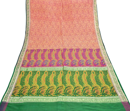 Indian Vintage Sari Pink & Green Heavy Pure Silk Woven Banarasi Brocade Saree Fabric 5Yd Ethnic Dress making Crafting Dress Designing