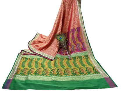 Indian Vintage Sari Pink & Green Heavy Pure Silk Woven Banarasi Brocade Saree Fabric 5Yd Ethnic Dress making Crafting Dress Designing