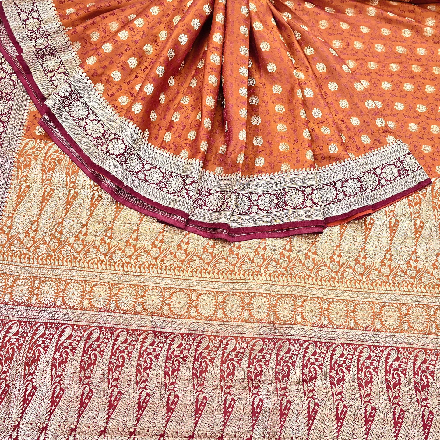 Indian Vintage Sari Maroon Heavy Pure Satin Silk Woven Banarasi Brocade Sarees Zari 5Yd Dress making Crafting Quilting