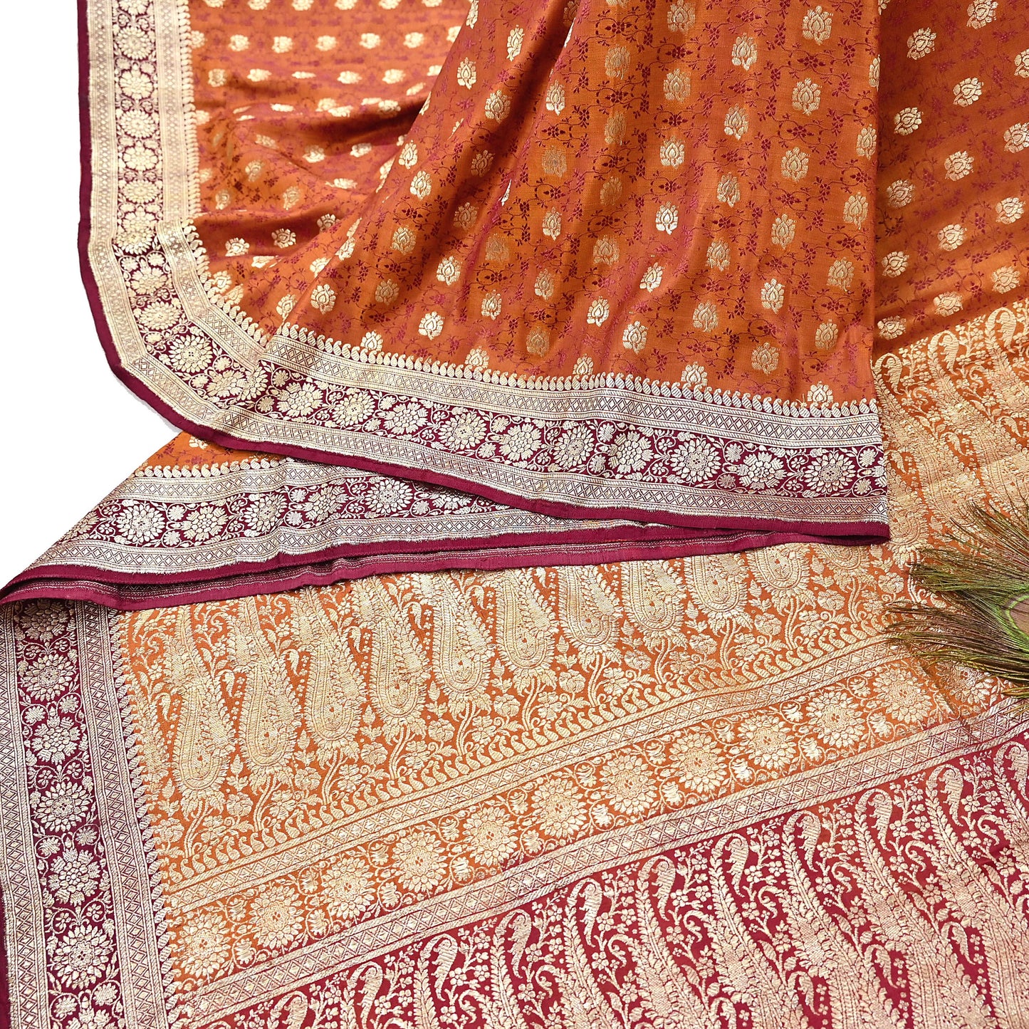 Indian Vintage Sari Maroon Heavy Pure Satin Silk Woven Banarasi Brocade Sarees Zari 5Yd Dress making Crafting Quilting