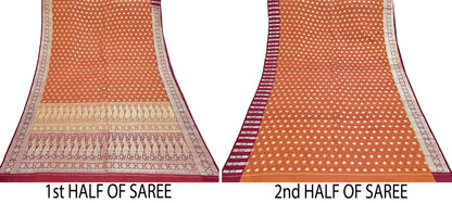 Indian Vintage Sari Maroon Heavy Pure Satin Silk Woven Banarasi Brocade Sarees Zari 5Yd Dress making Crafting Quilting