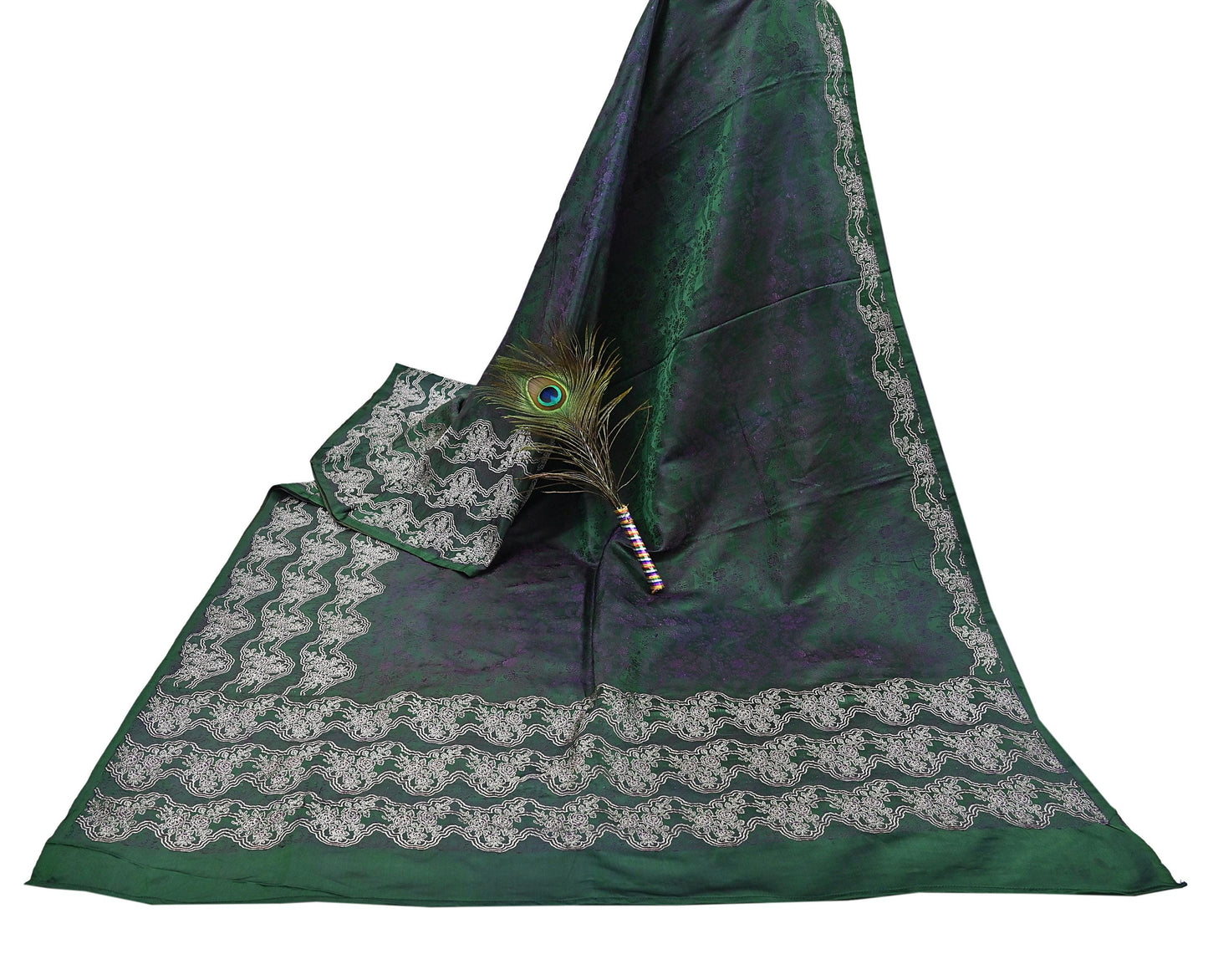 Indian Vintage Bottle Green Heavy Wedding Saree Pure Satin Silk Woven Banarasi Brocade Sari Craft Fabric Zari 5Yd Dress Making Crafting used