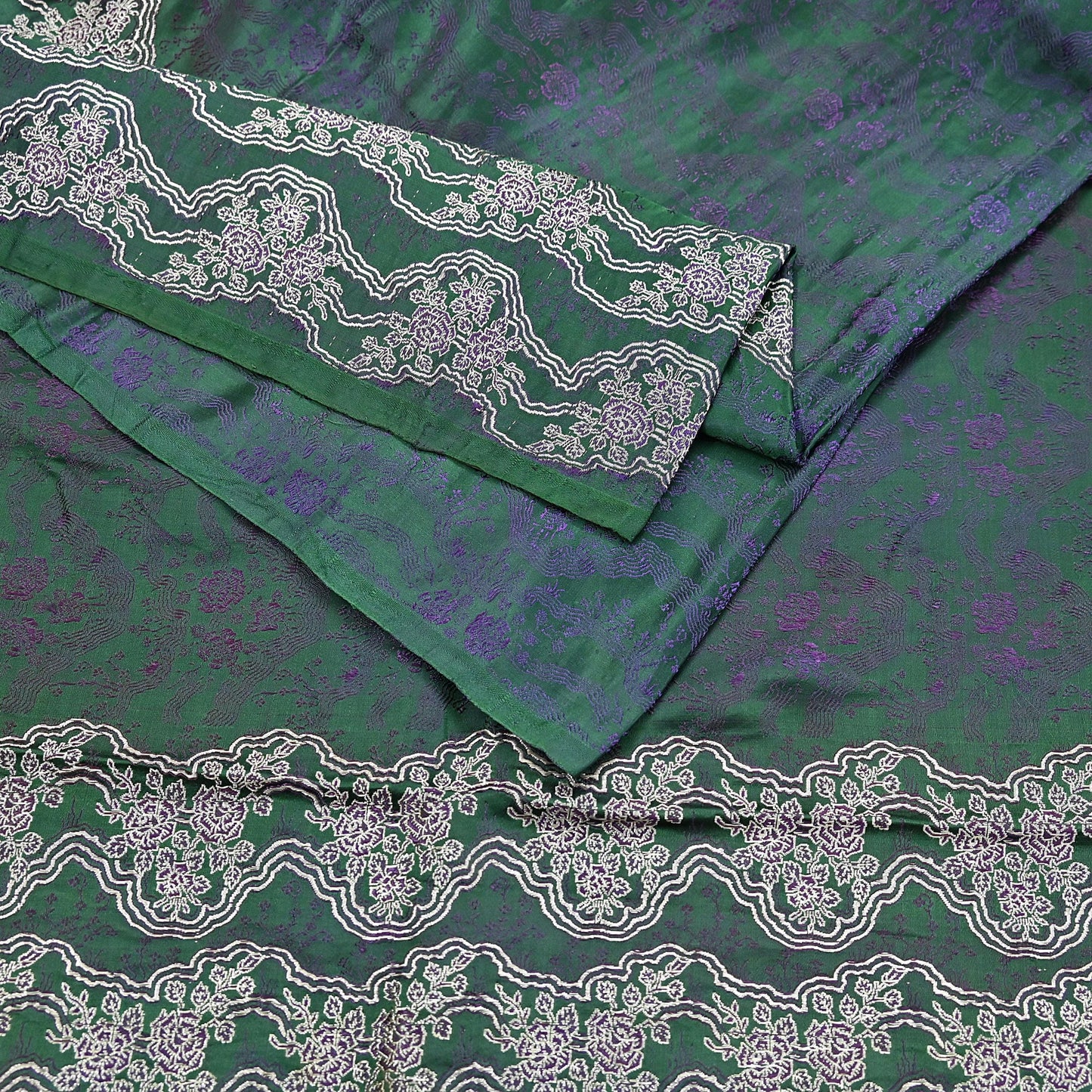 Indian Vintage Bottle Green Heavy Wedding Saree Pure Satin Silk Woven Banarasi Brocade Sari Craft Fabric Zari 5Yd Dress Making Crafting used