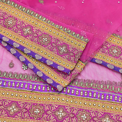 Indian Vintage Heavy Wedding Pink Dupatta Net Mesh Long Stole Hand Embroidered Scarves Golden Zardozi Dabka Zari Stole