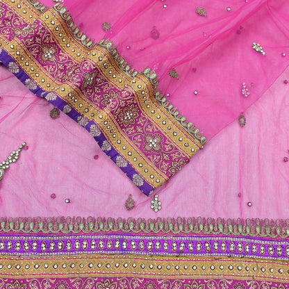 Indian Vintage Heavy Wedding Pink Dupatta Net Mesh Long Stole Hand Embroidered Scarves Golden Zardozi Dabka Zari Stole