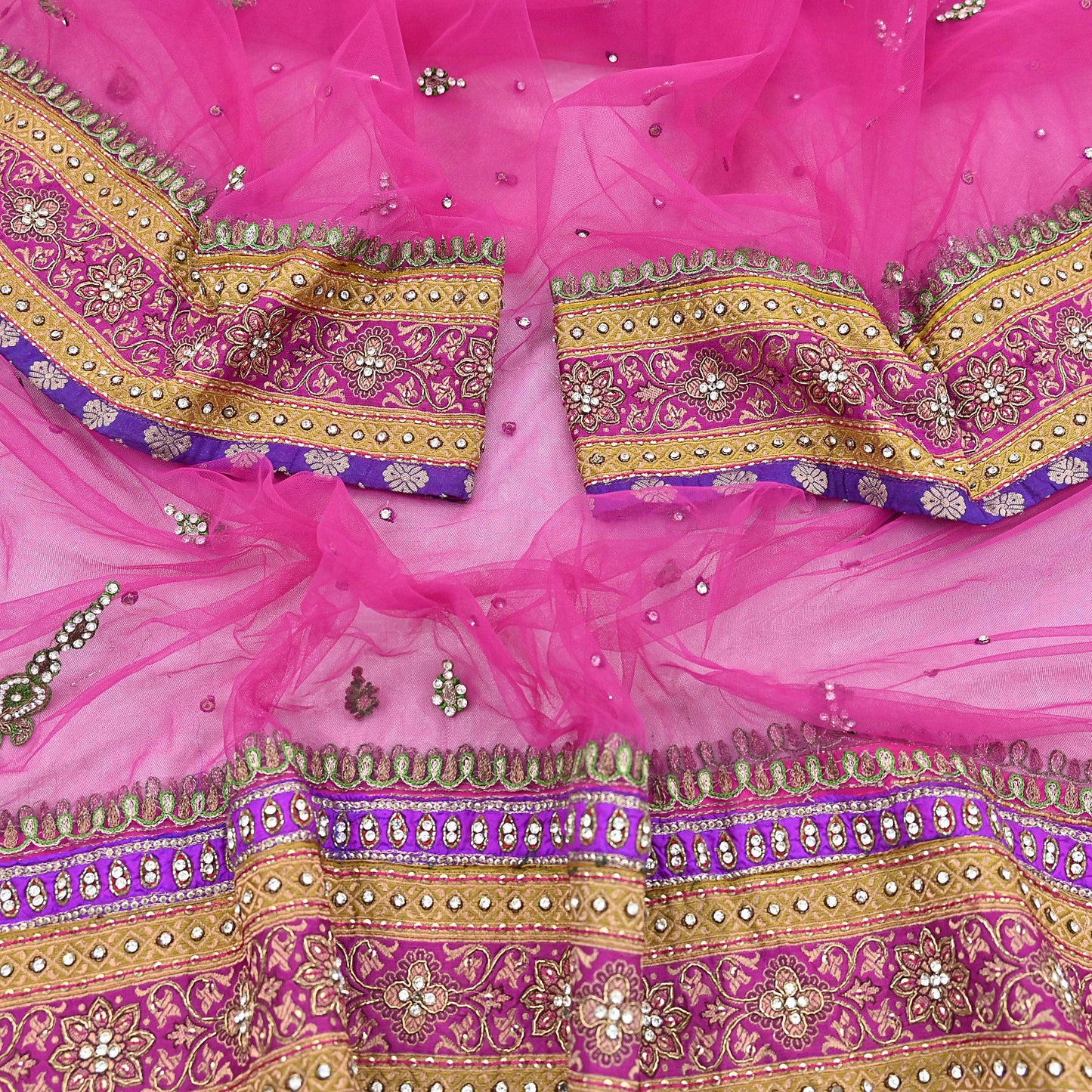 Indian Vintage Heavy Wedding Pink Dupatta Net Mesh Long Stole Hand Embroidered Scarves Golden Zardozi Dabka Zari Stole