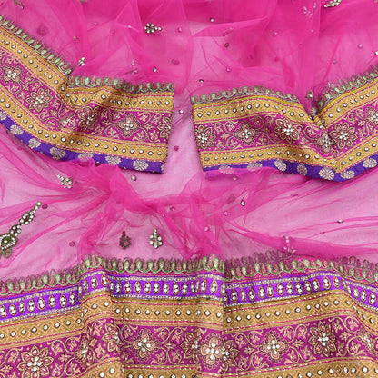 Indian Vintage Heavy Wedding Pink Dupatta Net Mesh Long Stole Hand Embroidered Scarves Golden Zardozi Dabka Zari Stole