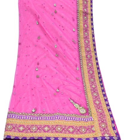 Indian Vintage Heavy Wedding Pink Dupatta Net Mesh Long Stole Hand Embroidered Scarves Golden Zardozi Dabka Zari Stole