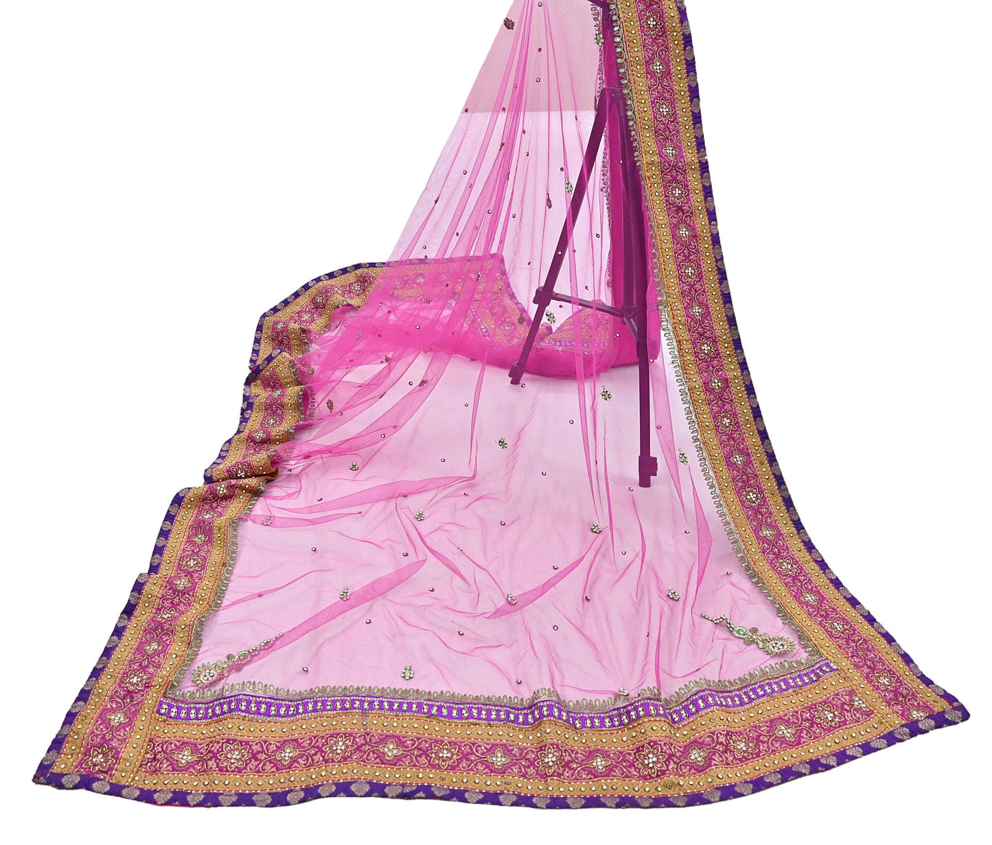 Indian Vintage Heavy Wedding Pink Dupatta Net Mesh Long Stole Hand Embroidered Scarves Golden Zardozi Dabka Zari Stole