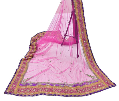 Indian Vintage Heavy Wedding Pink Dupatta Net Mesh Long Stole Hand Embroidered Scarves Golden Zardozi Dabka Zari Stole