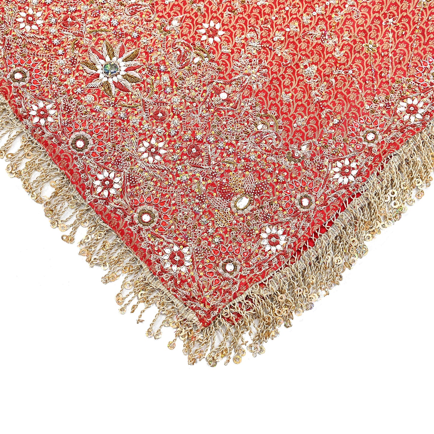 Indian Vintage Heavy Bridal Red Dupatta Pure Silk Long Stole Hand Embroidered Scarf Zardozi/Dabka Wedding red Hijab veil