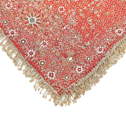 Indian Vintage Heavy Bridal Red Dupatta Pure Silk Long Stole Hand Embroidered Scarf Zardozi/Dabka Wedding red Hijab veil