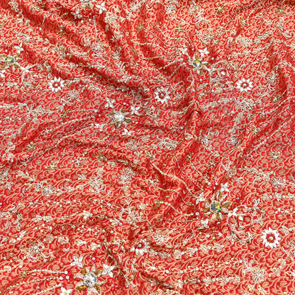 Indian Vintage Heavy Bridal Red Dupatta Pure Silk Long Stole Hand Embroidered Scarf Zardozi/Dabka Wedding red Hijab veil