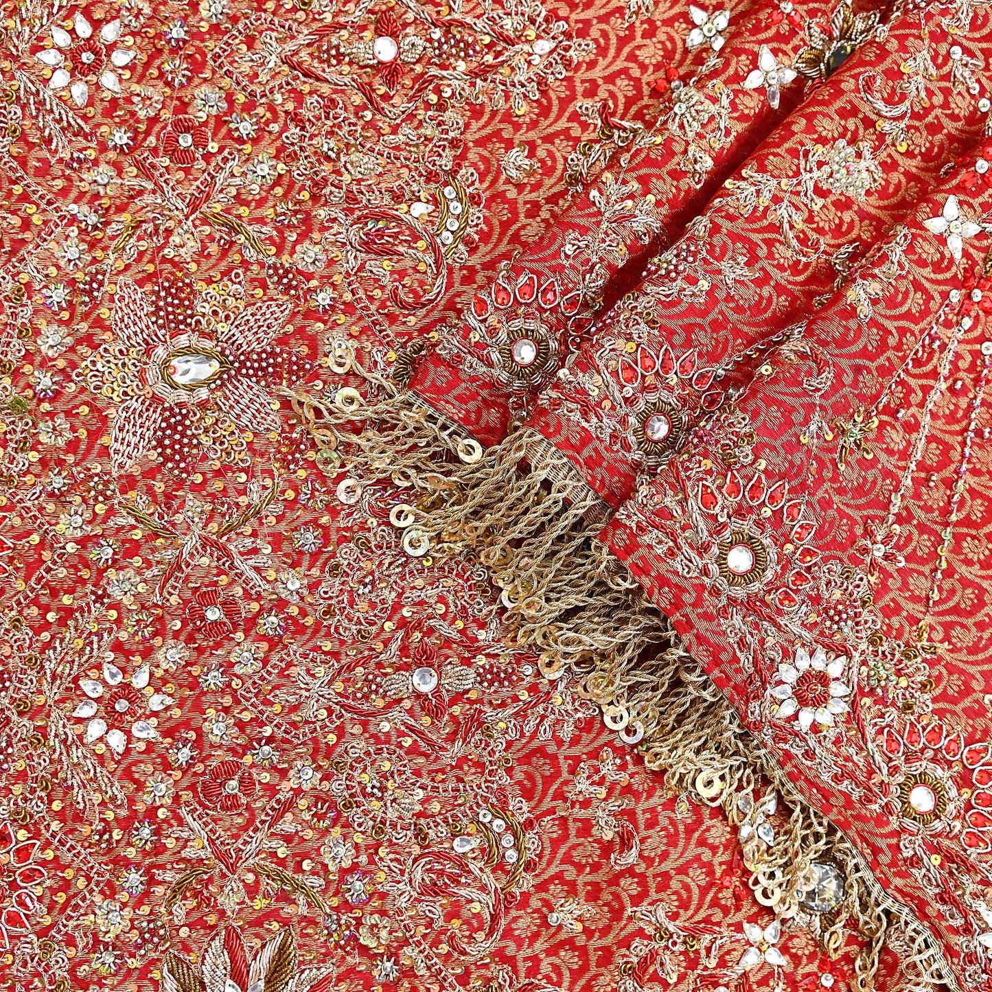 Indian Vintage Heavy Bridal Red Dupatta Pure Silk Long Stole Hand Embroidered Scarf Zardozi/Dabka Wedding red Hijab veil