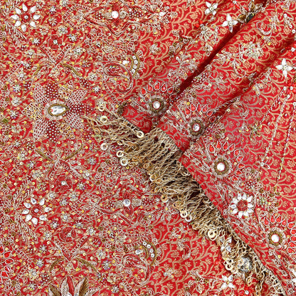 Indian Vintage Heavy Bridal Red Dupatta Pure Silk Long Stole Hand Embroidered Scarf Zardozi/Dabka Wedding red Hijab veil