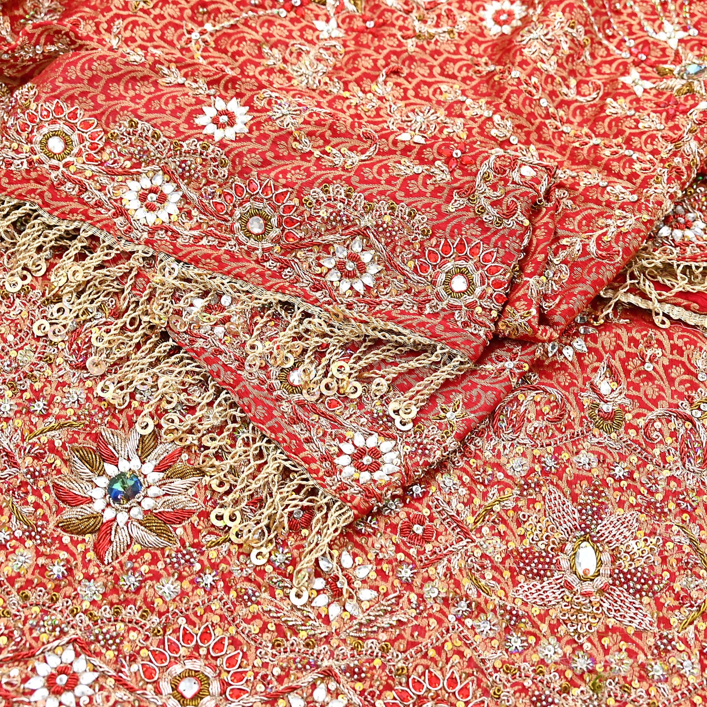 Indian Vintage Heavy Bridal Red Dupatta Pure Silk Long Stole Hand Embroidered Scarf Zardozi/Dabka Wedding red Hijab veil