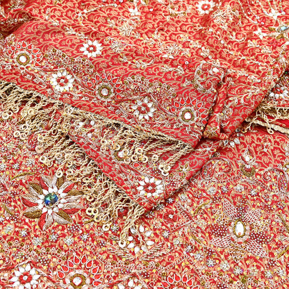 Indian Vintage Heavy Bridal Red Dupatta Pure Silk Long Stole Hand Embroidered Scarf Zardozi/Dabka Wedding red Hijab veil