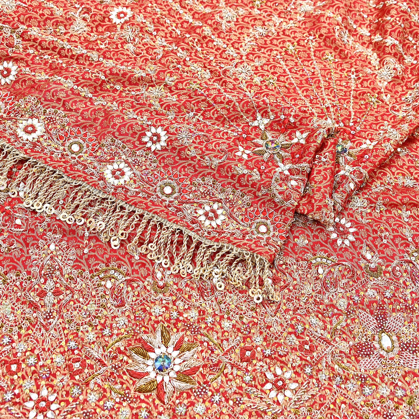 Indian Vintage Heavy Bridal Red Dupatta Pure Silk Long Stole Hand Embroidered Scarf Zardozi/Dabka Wedding red Hijab veil