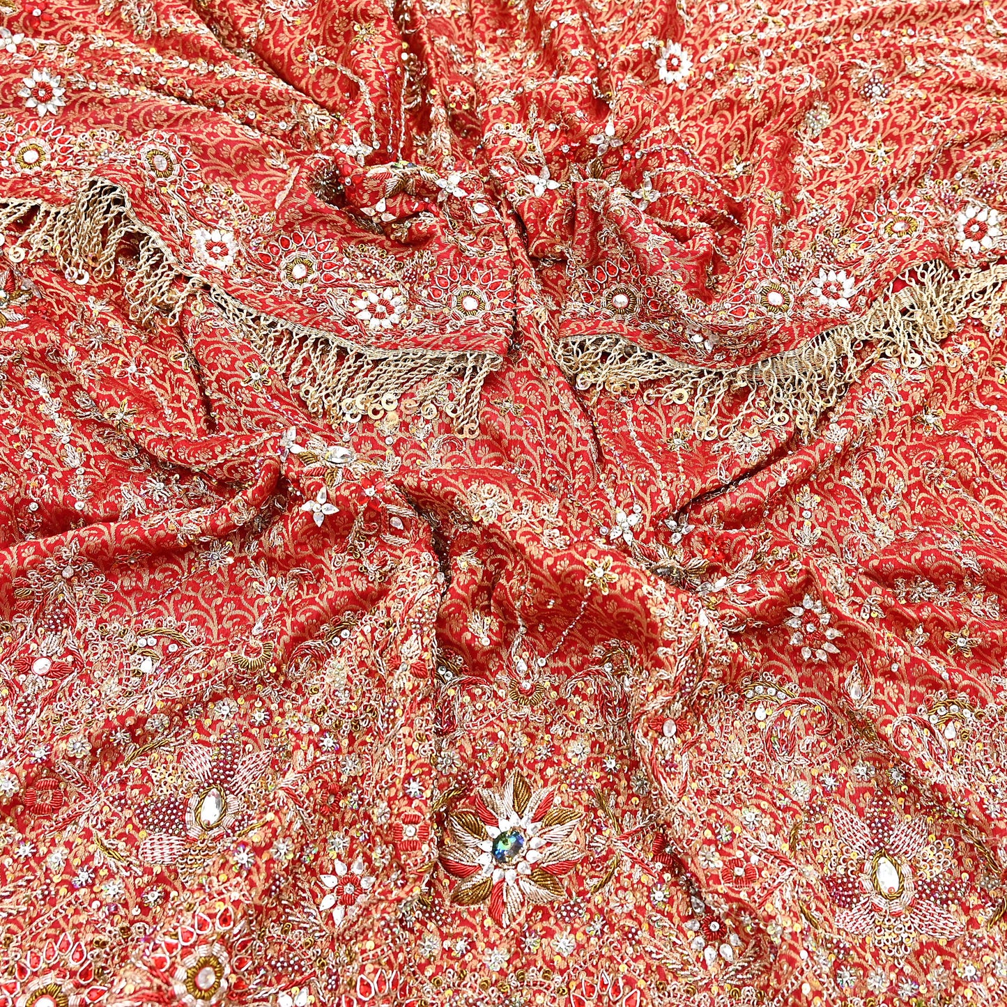 Indian Vintage Heavy Bridal Red Dupatta Pure Silk Long Stole Hand Embroidered Scarf Zardozi/Dabka Wedding red Hijab veil