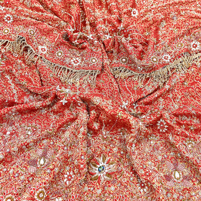 Indian Vintage Heavy Bridal Red Dupatta Pure Silk Long Stole Hand Embroidered Scarf Zardozi/Dabka Wedding red Hijab veil