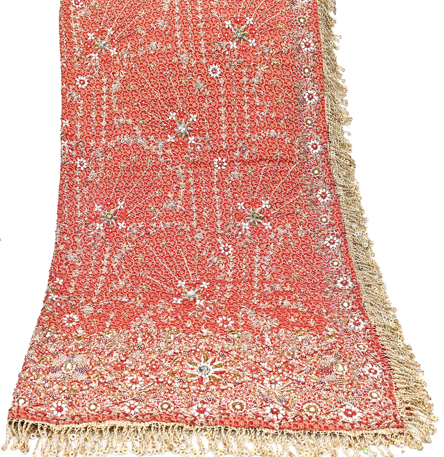 Indian Vintage Heavy Bridal Red Dupatta Pure Silk Long Stole Hand Embroidered Scarf Zardozi/Dabka Wedding red Hijab veil