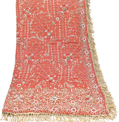 Indian Vintage Heavy Bridal Red Dupatta Pure Silk Long Stole Hand Embroidered Scarf Zardozi/Dabka Wedding red Hijab veil