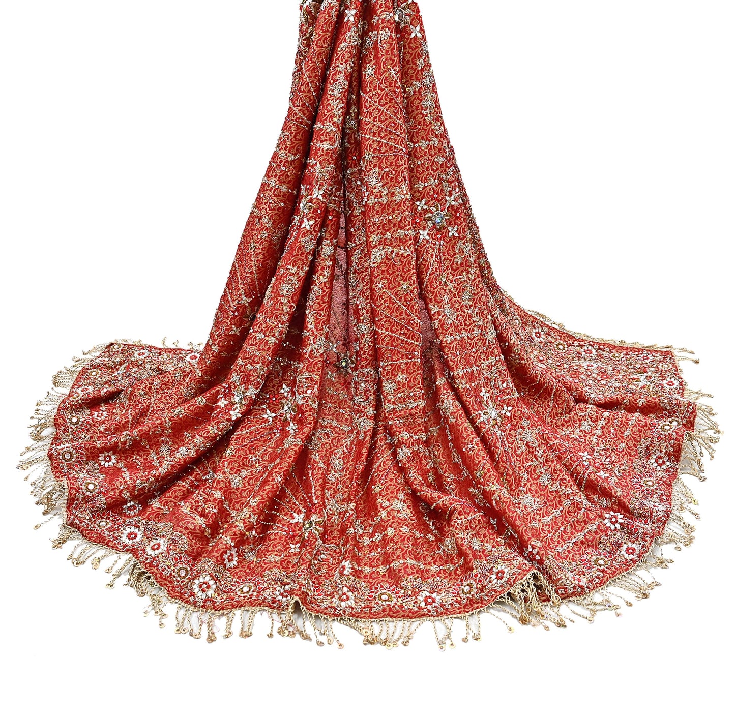 Indian Vintage Heavy Bridal Red Dupatta Pure Silk Long Stole Hand Embroidered Scarf Zardozi/Dabka Wedding red Hijab veil