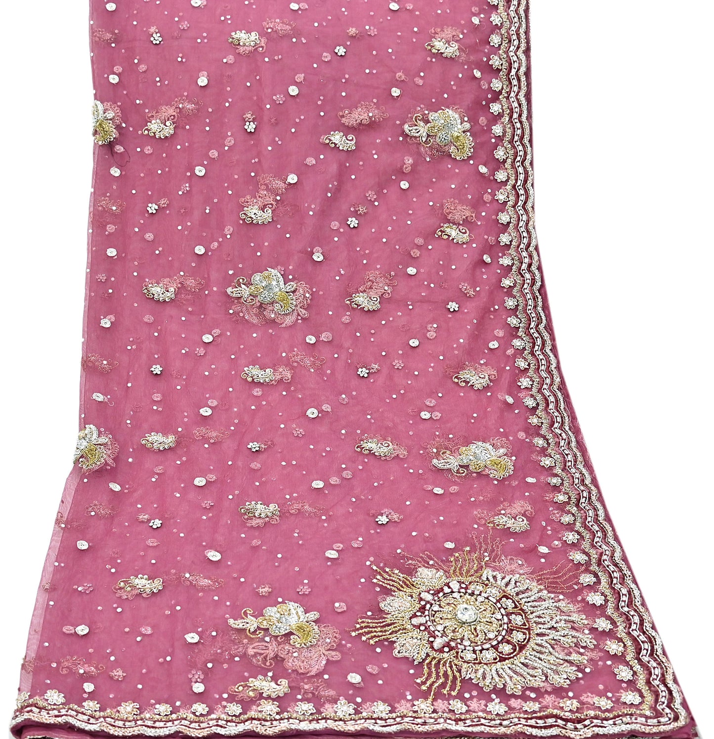 Indian Vintage Heavy Dupatta Pink Net Mesh Long Stole Hand Embroidered Scarves Wedding veil Wrap Boho